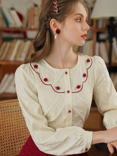Ethel French Style Rose Embroidery Jacquard Shirt