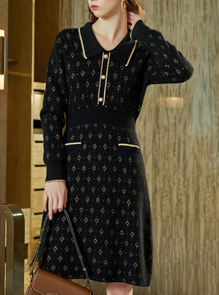 Alisa Elegant Patterned Knitted Dress-Black
