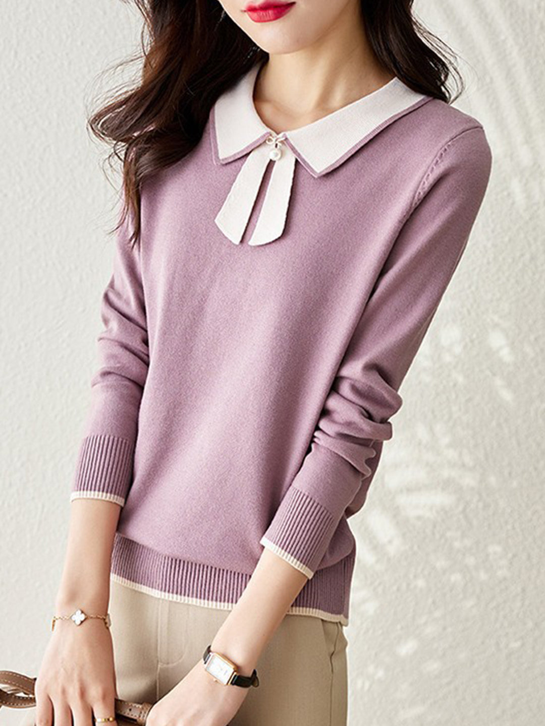 Dana French Style Contrast Color Lapel Knitted Sweater