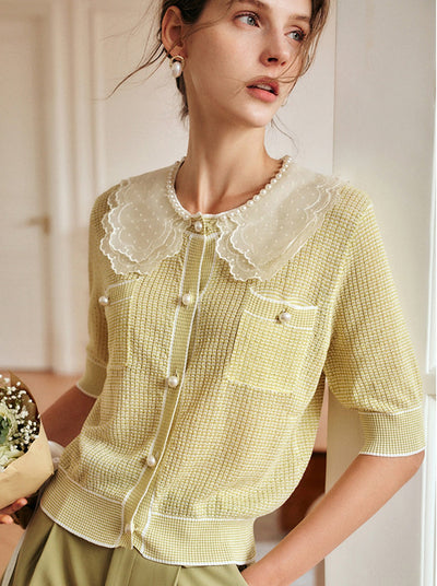 Emily Classic Pearl Lace Stitching Embroidery Tops-Pink