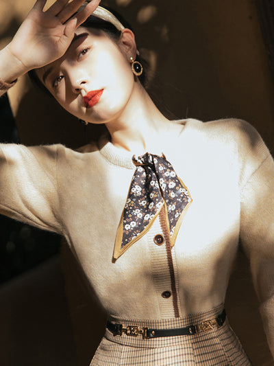 Aurora Vintage Crew Neck Cotton knitted Cardigan-Apricot