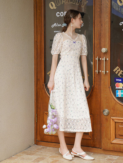 Ashley Retro Bowknot V-neck Lace Floral Puff Sleeve Dress