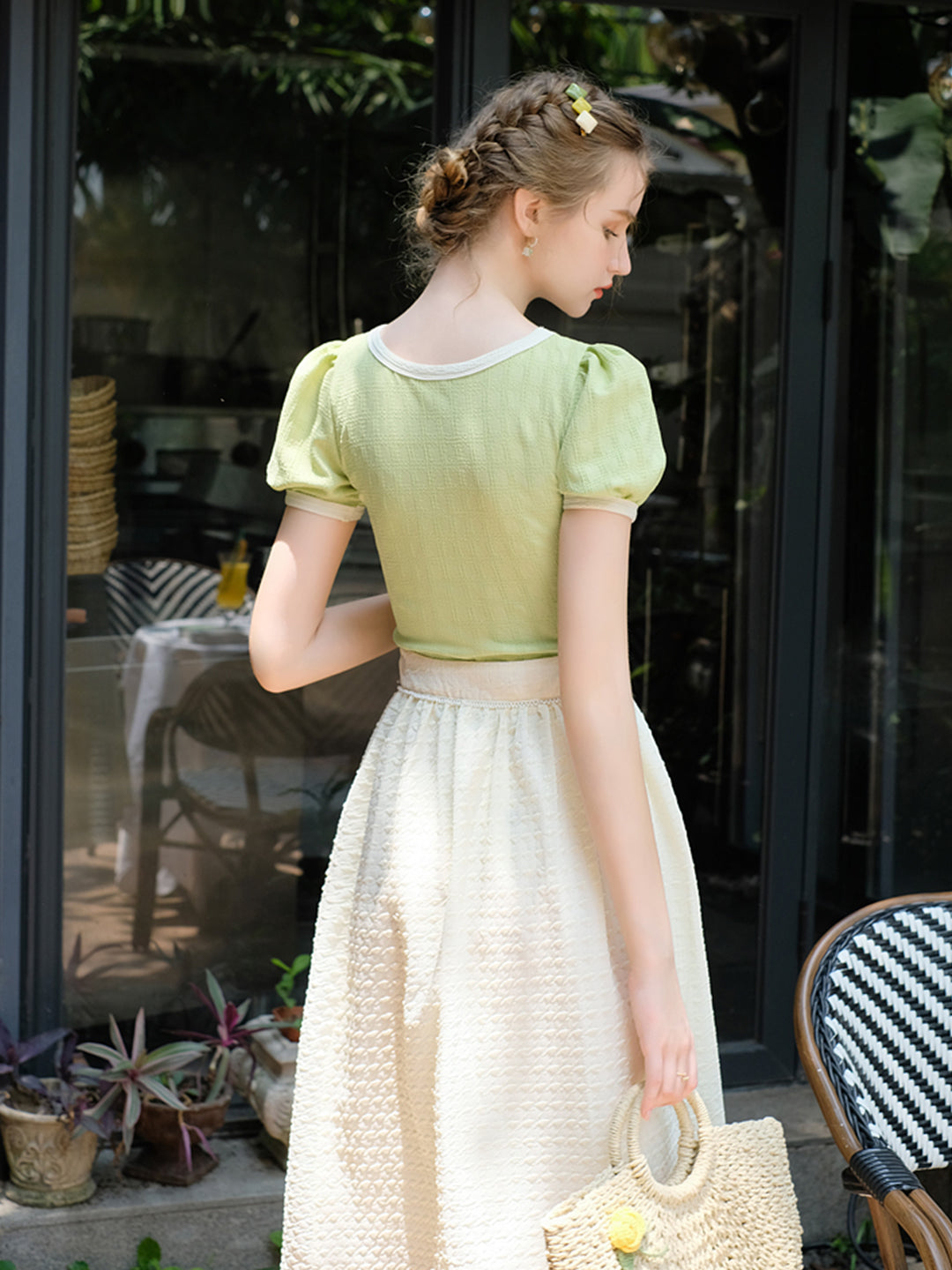 Kaylee French Avocado Green Color French Bow Vintage Top