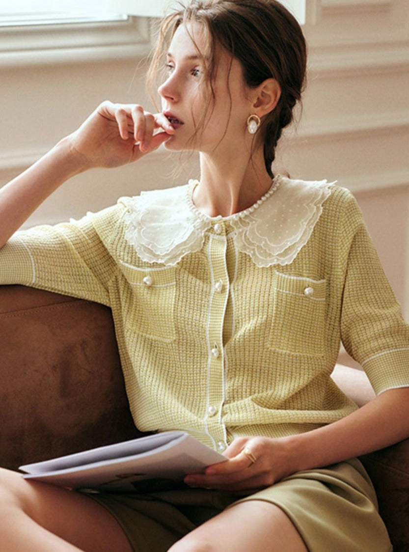 Emily Classic Pearl Lace Stitching Embroidery Tops-Yellow