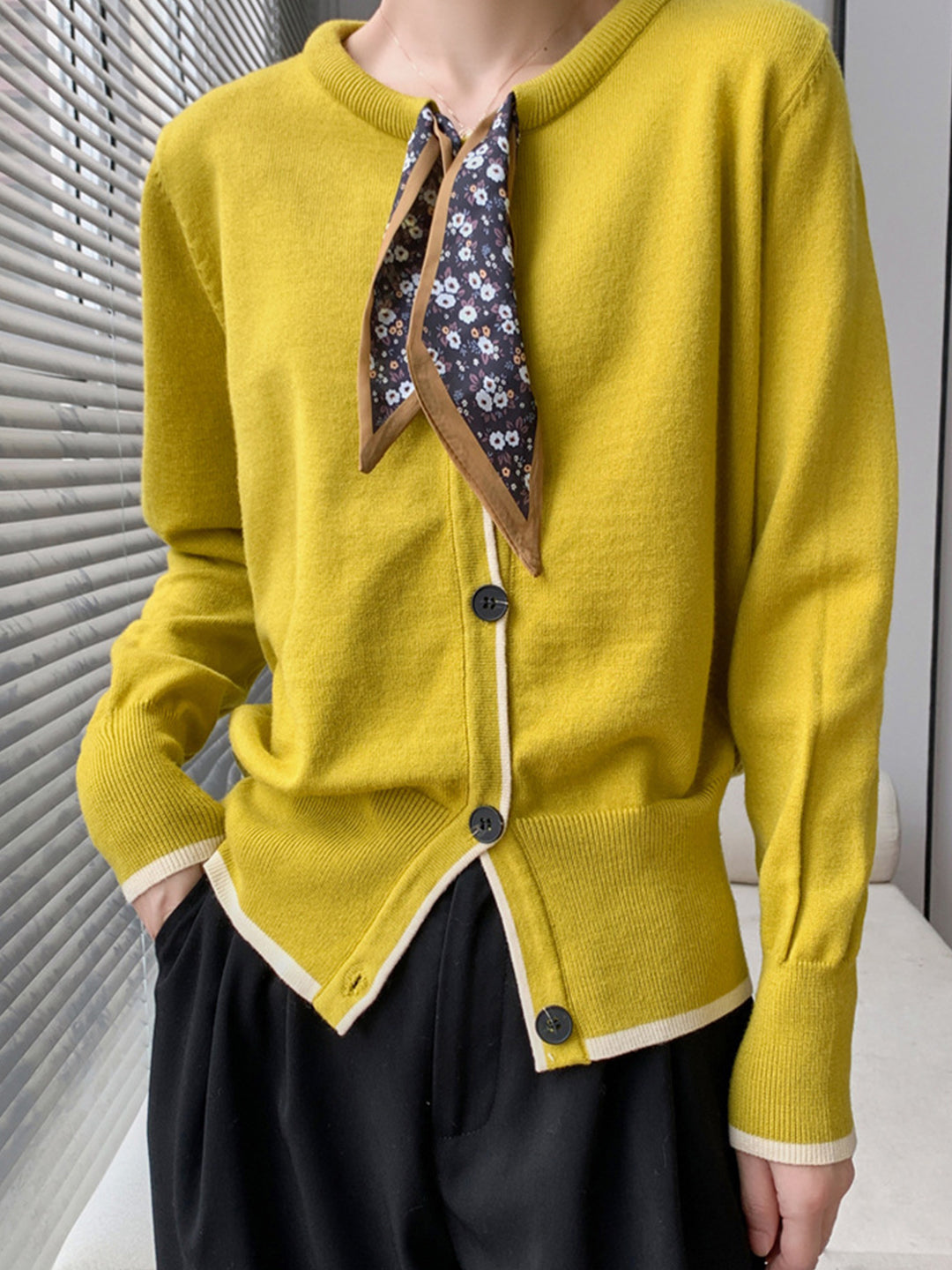 Aurora Vintage Crew Neck Cotton knitted Cardigan-Yellow