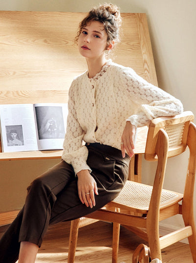 Arlene French Puff Sleeve Crew Neck Lace Top
