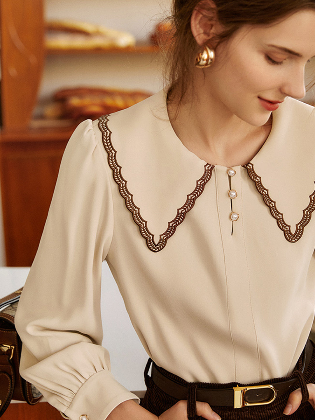 Lauren French Style Embroidered Doll collar Chiffon Blouse