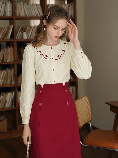 Ethel French Style Rose Embroidery Jacquard Shirt