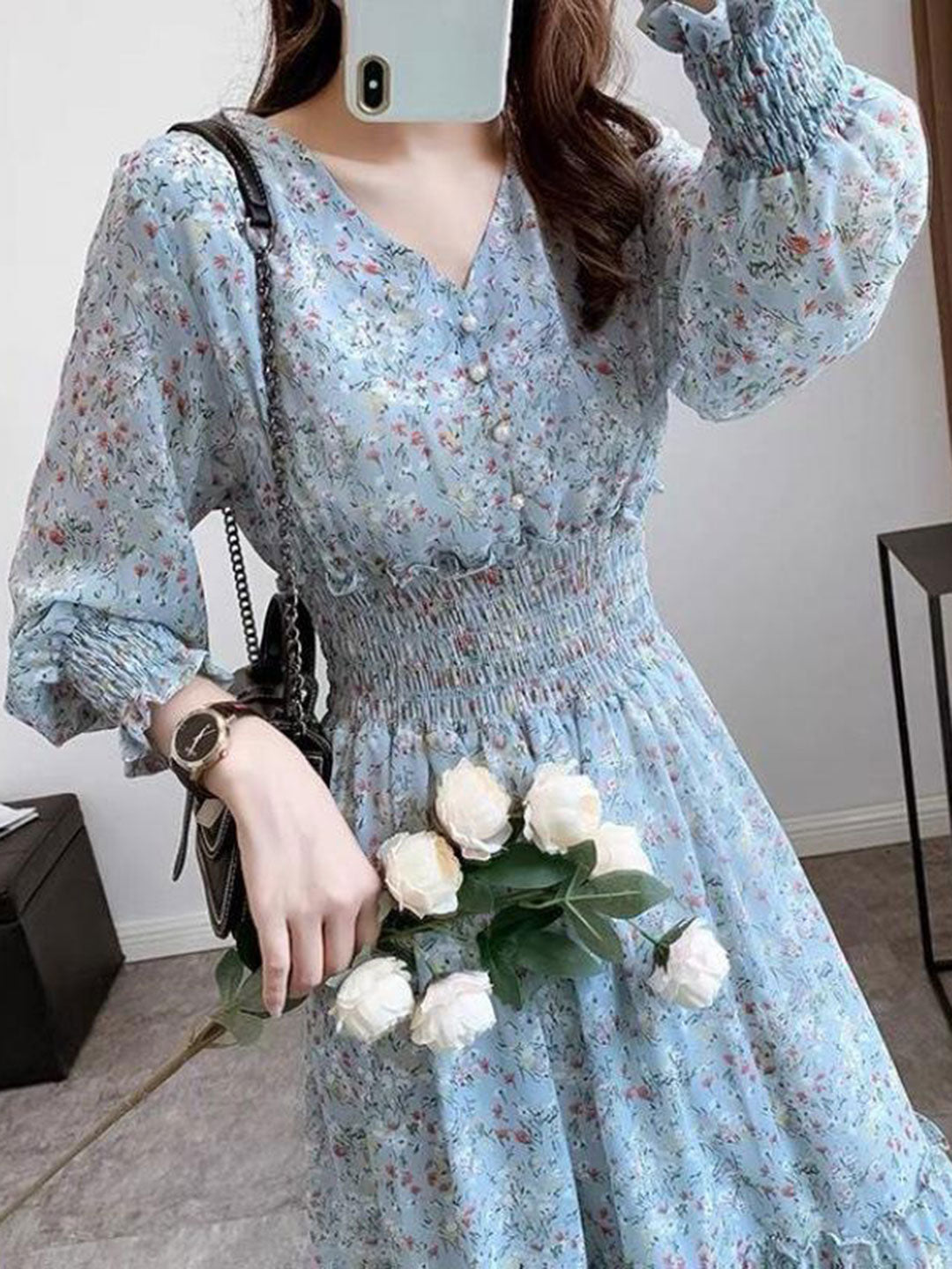 Zoey Classic Floral Ruffle Chiffon Dress-Blue