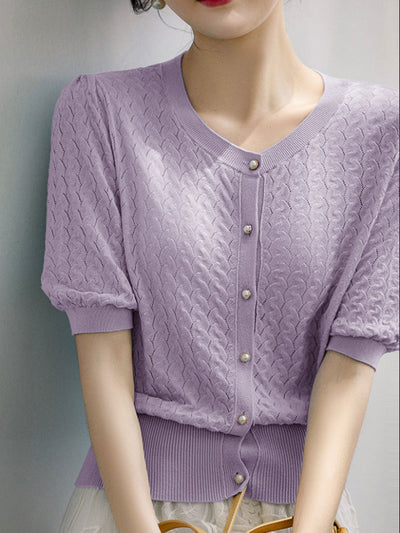 Brianna Retro Knitted Round Neck Sweater Cardigan-Purple