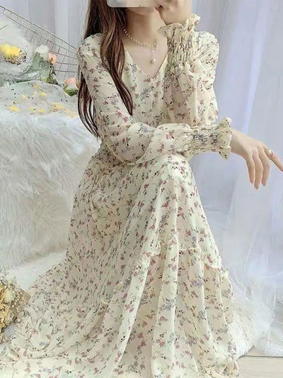 Zoey Classic Floral Ruffle Chiffon Dress-Blue