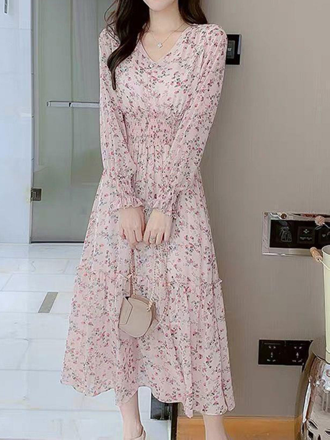 Zoey Classic Floral Ruffle Chiffon Dress-Light Pink