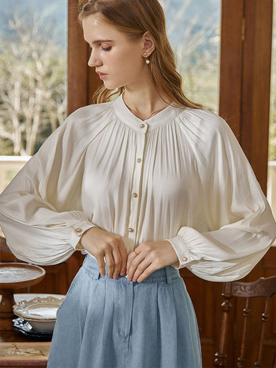 Emma Stand Collar Pleated Vintage Blouse